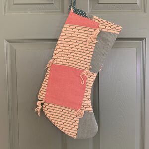 Handmade Repurposed Tree Skirt Christmas Stocking Red Green Squares 17 Inch
